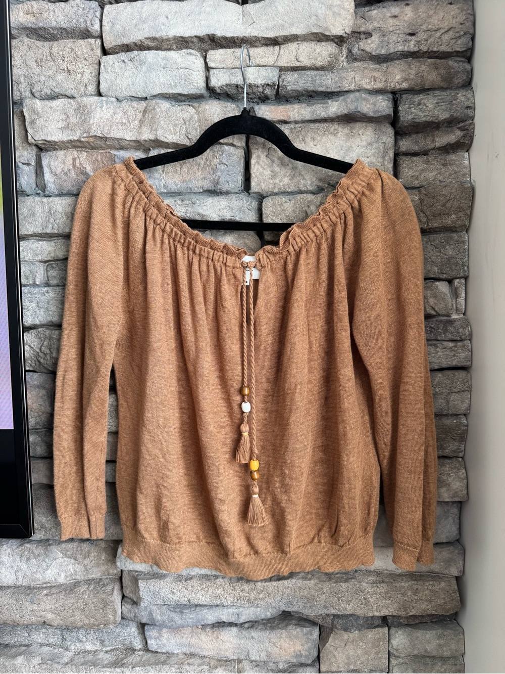 Sezane Camel Off-Shoulder Sweater Top with Tassel Tie